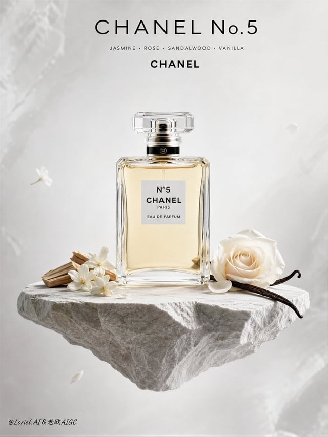 Create an ultra-premium fragrance poster for Chanel No.5, composed in a cold white floating-stone ed