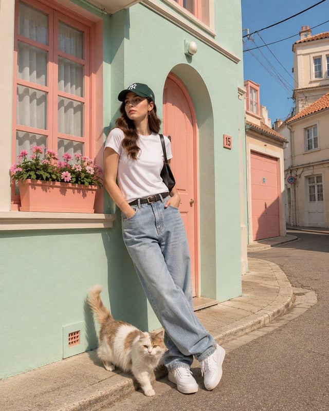 A playful pastel editorial street photograph of [Human] wearing [Clothing], posing with [Animal] in 