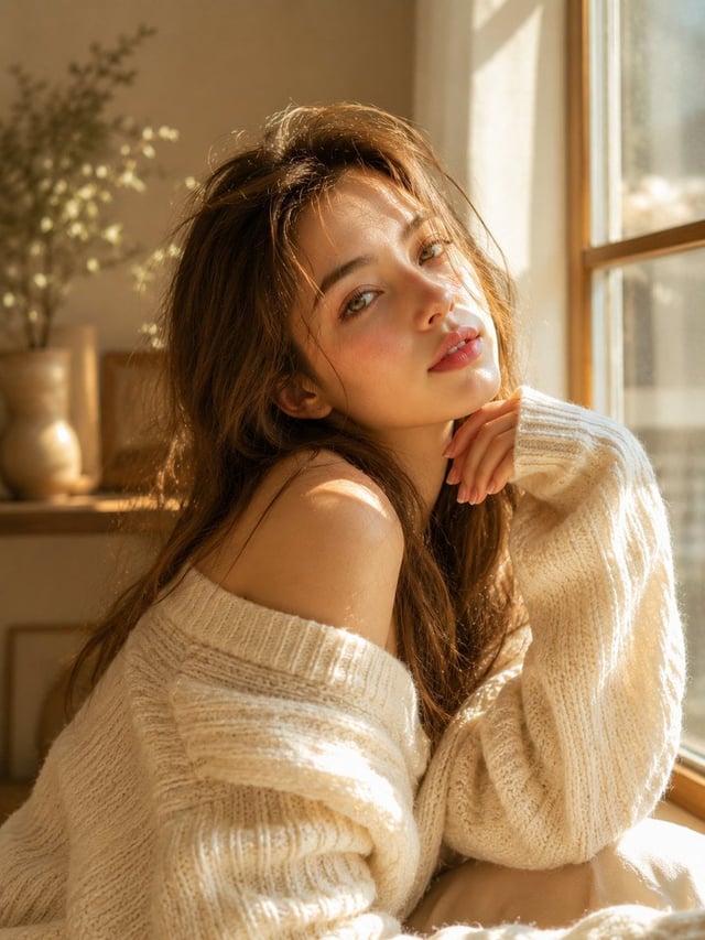 Dreamy sunlit portrait of a young woman with long soft light-brown hair, delicate facial features, f