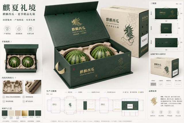 任务：为“麒麟西瓜”设计一张高端水果电商包装提案板，主题为“麒夏礼境”，面向城市中高端家庭送礼、企业团购、生鲜电商精品礼盒场景。输出应是一张专业、克制、真实可落地的包装设计 proposal boar