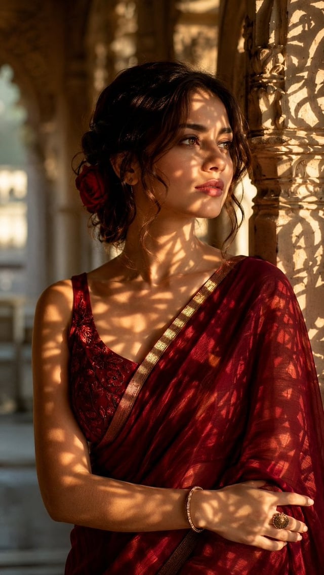 Ultra realistic cinematic portrait of a beautiful young woman wearing a rich deep crimson red silk s