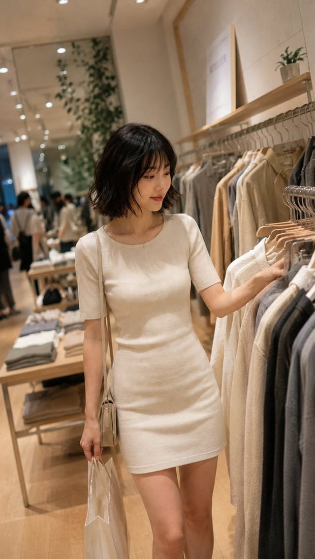 Ultra-realistic candid smartphone photo inside a stylish boutique fashion store in Tokyo, Japan. Use
