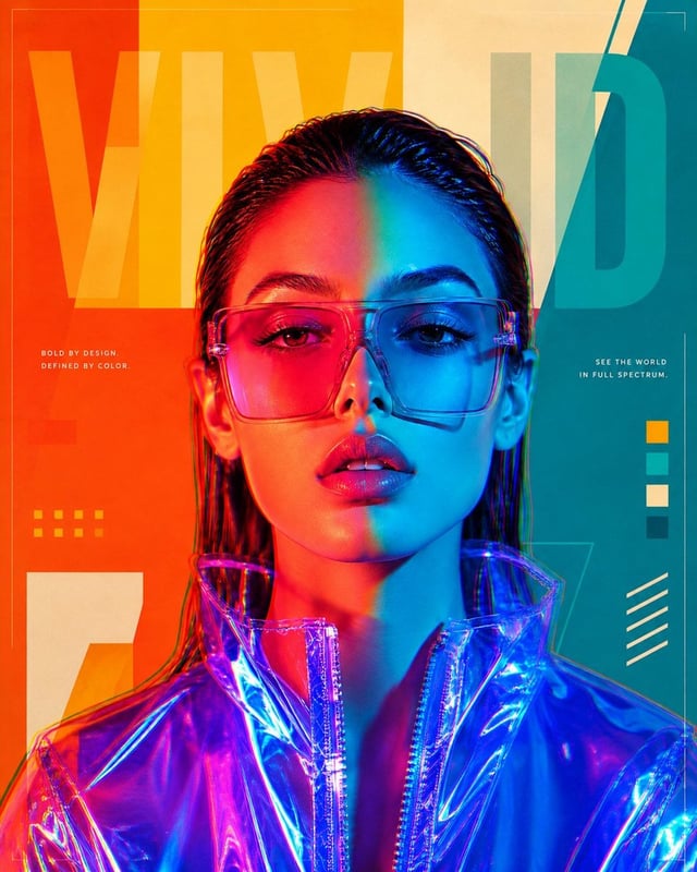 Wide digital art poster composition, woman in blue holographic jacket with pink sunglasses, dramatic