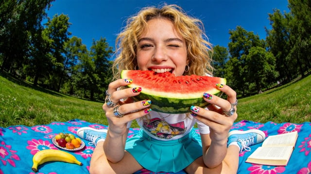 A close-up, ultra-wide-angle fisheye lens photograph of a cheerful young woman with messy blonde wav