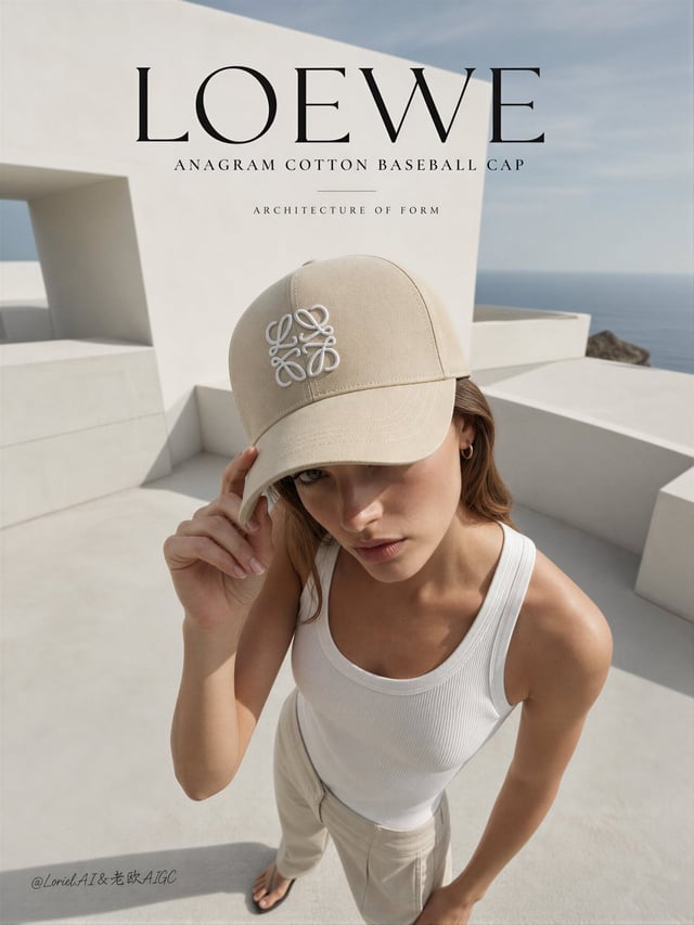Create an ultra-premium editorial campaign poster for LOEWE featuring the Loewe Anagram Cotton Baseb