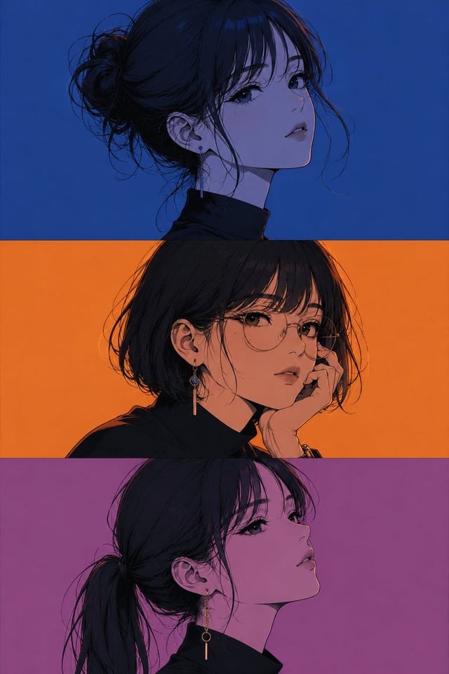 Three-panel anime/manga portrait of the same girl with an identical face in every panel. Only the ha