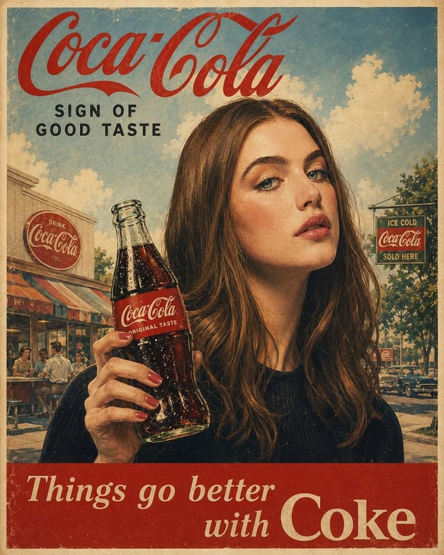 Authentic 1960s American advertising poster for [Coca Cola], vintage mid-century commercial illustra