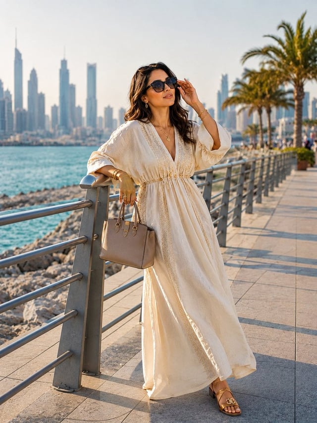Create a stunning young STYLISH MODERN Arab woman with radiant fair olive skin, mesmerizing green ey