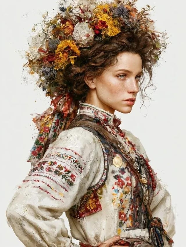 A single highly detailed fine art portrait of a young Slavic woman in traditional Eastern European f