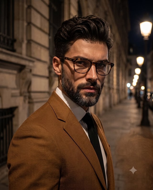 A striking middle-aged man with an intense, direct gaze looks slightly downward toward the lens, his