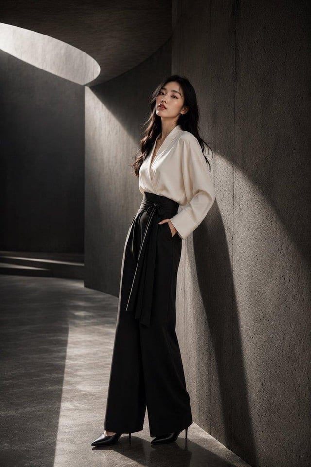 A stunning young Japanese woman in a high-end fashion studio photoshoot, standing gracefully in a co
