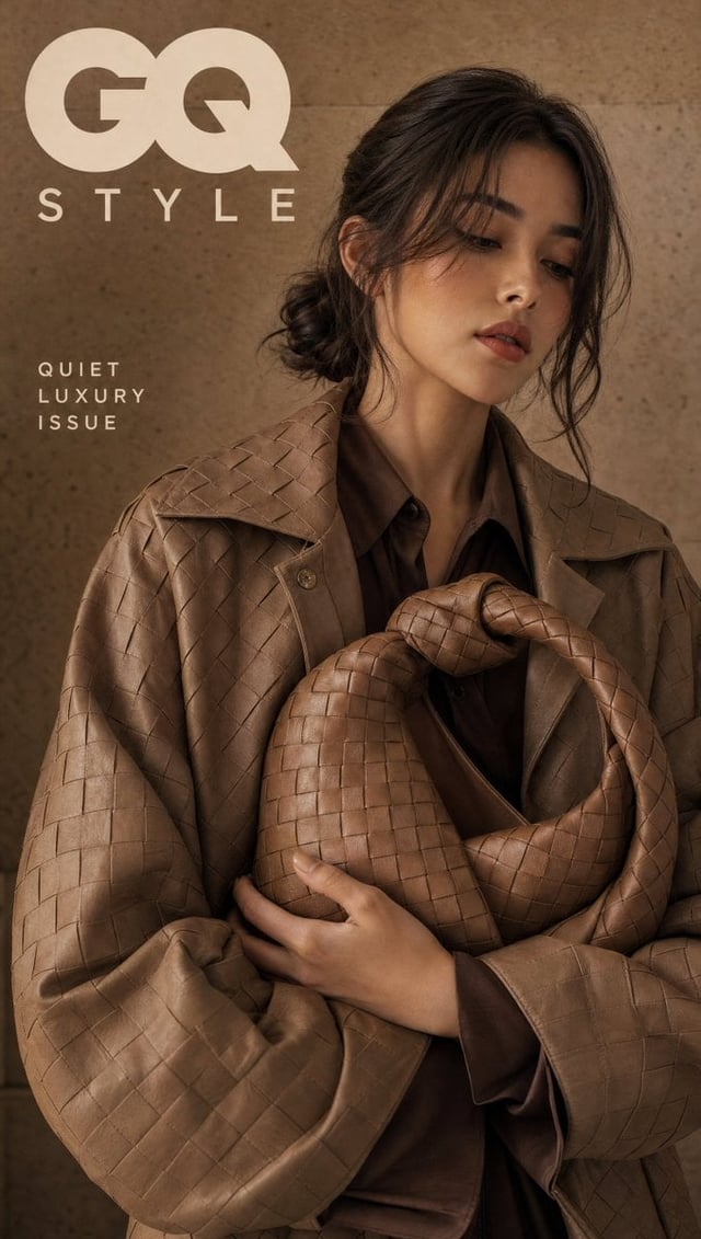 Ultra-realistic quiet luxury brand magazine cover featuring a refined Korean woman in a head-to-toe 