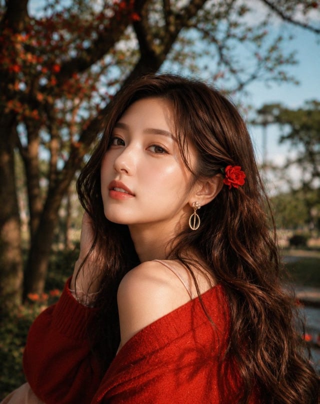 Ultra-realistic DSLR portrait of a beautiful young East Asian woman sitting outdoors beneath a bloom