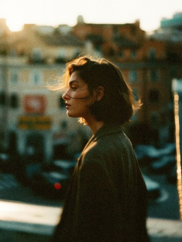 Create a cinematic 35mm analog film photo series featuring the same young adult woman with exact fac