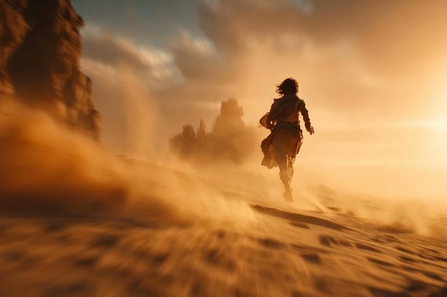 A cinematic tracking shot of a [Subject] sprinting through a [Landscape], the camera moving beside t