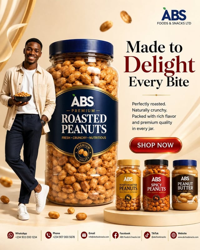Design an ultra-premium commercial advertisement for ABS Foods & Snacks Ltd, showcasing its flagship