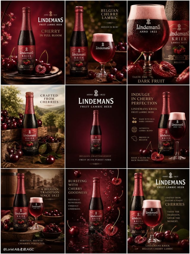 Create an ultra-premium 9-panel editorial campaign board for Lindemans Fruit Lambic Beer, designed a