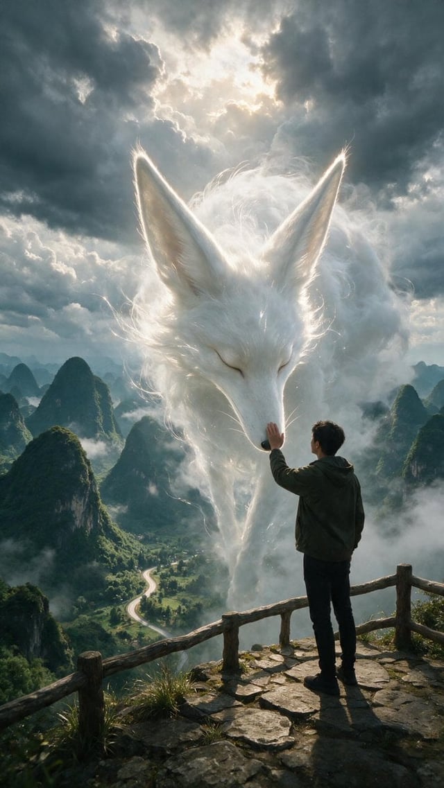 A cinematic fantasy scene from a slightly low, over-the-shoulder perspective. A lone young man stand