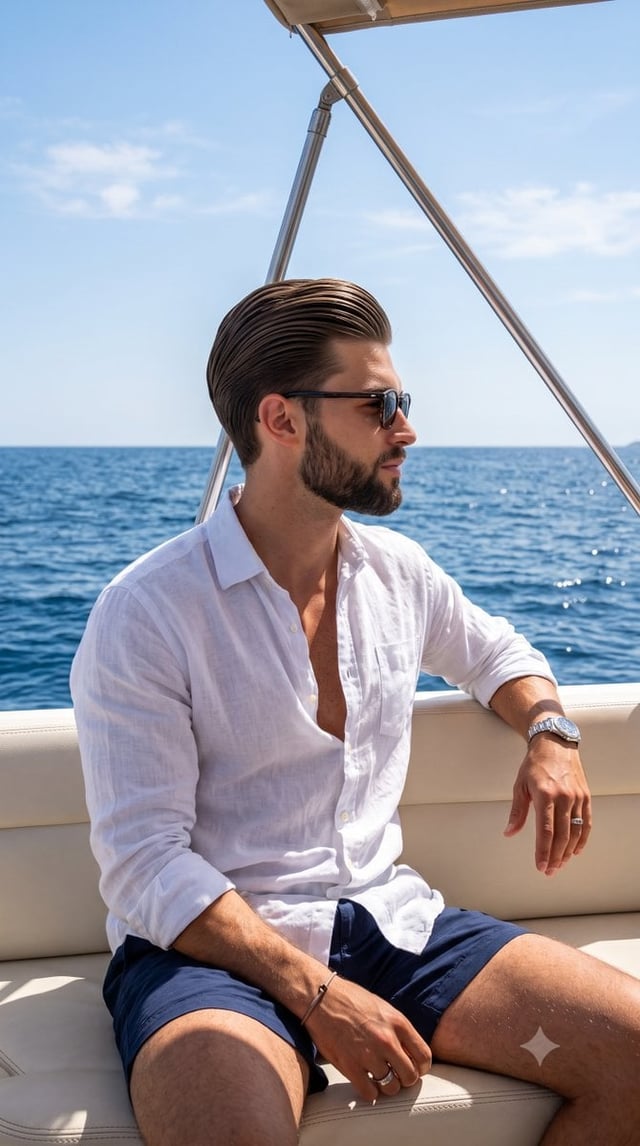 A young man sits comfortably on a boat, his face turned in sharp profile to his right, gazing serene