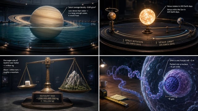 2x2 grid, 16:9, 4 mind-bending science facts input = [[Subject] / [Fact Or Stat] / [Reference Medium