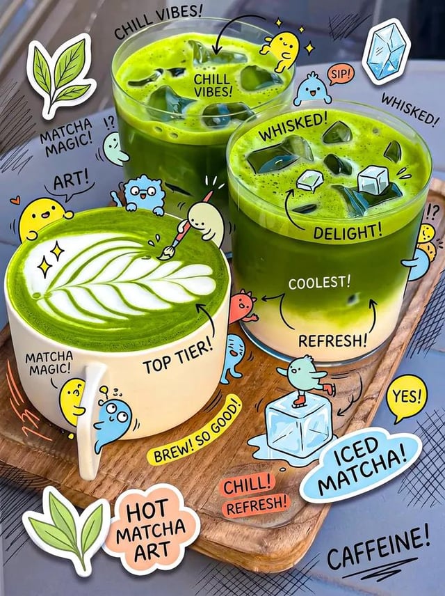 Create a vibrant, cozy café-style food photograph of three matcha drinks on a wooden tray: one hot m