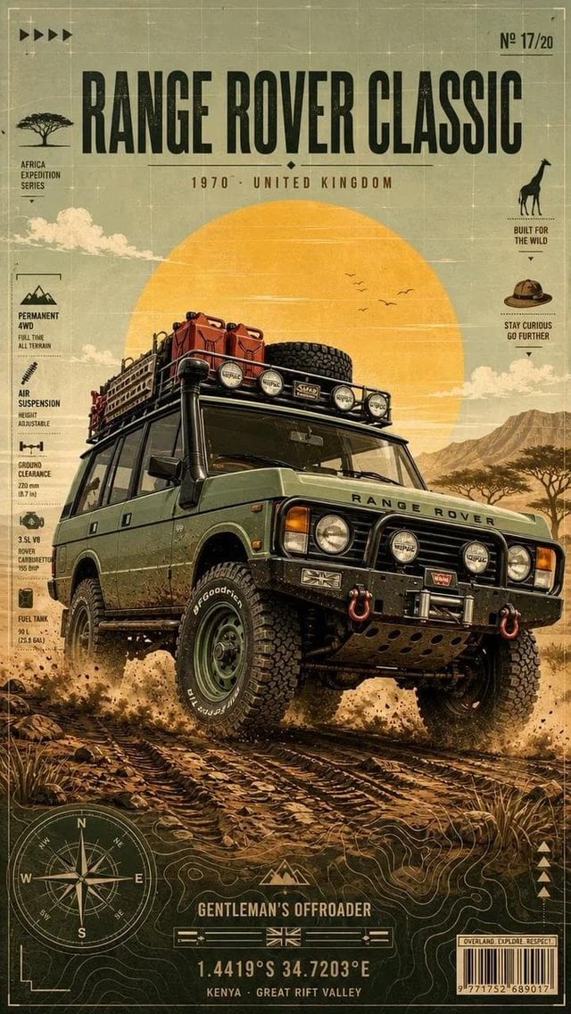 Ultra-detailed vintage overland expedition poster featuring a legendary classic off-road vehicle in 