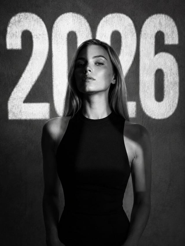 A cinematic, high-contrast black and white portrait of a young woman standing centered in frame, wea
