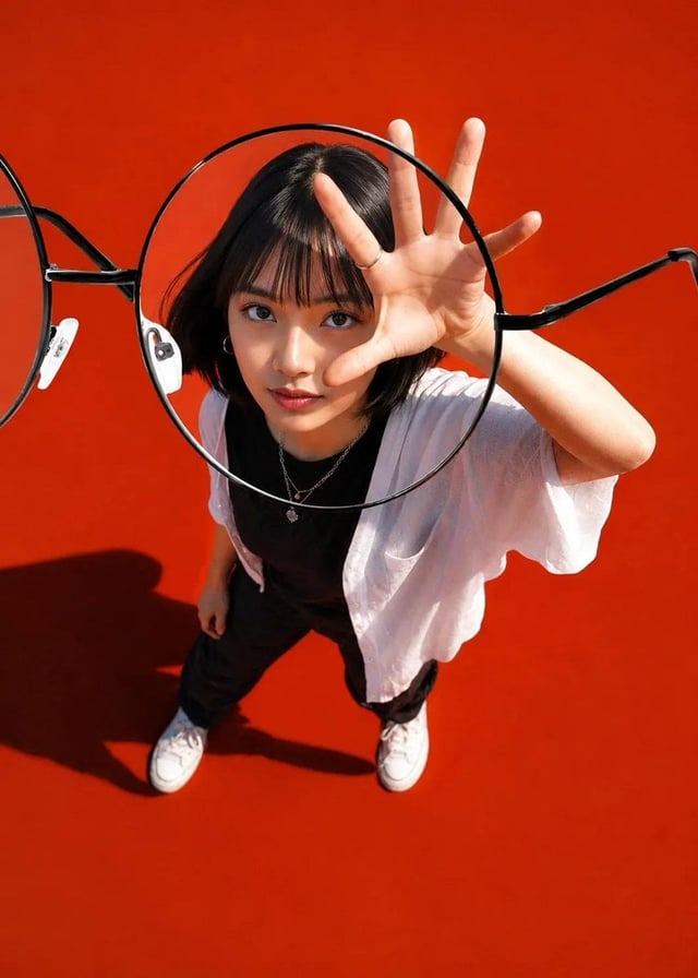 Using the uploaded image and without changing face, create a hyper-realistic high-fashion optical ad