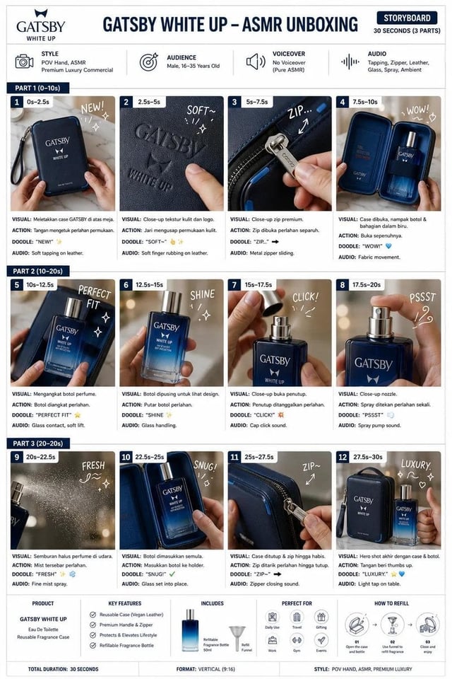 Create a professional advertising agency storyboard for a 30-second luxury ASMR unboxing commercial 