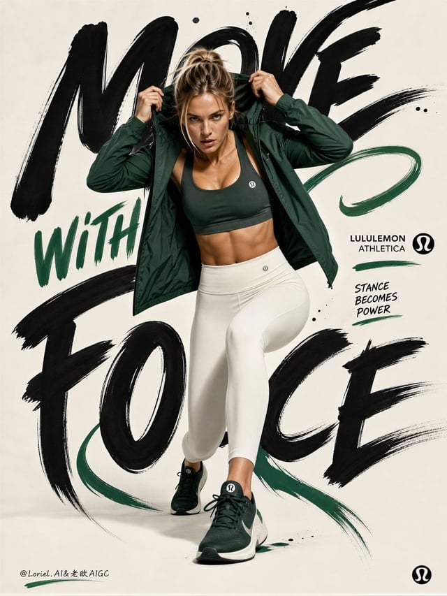 Create the fifth poster in a unified campaign series for Lululemon Athletica, preserving the same bo