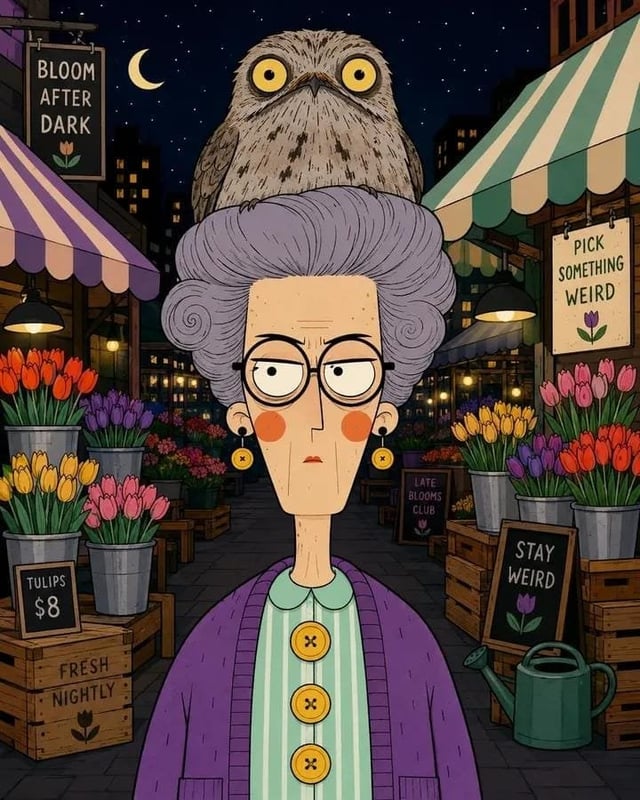 Vertical quirky flat cartoon portrait of [Human] with a tall geometric head, long narrow neck, overs