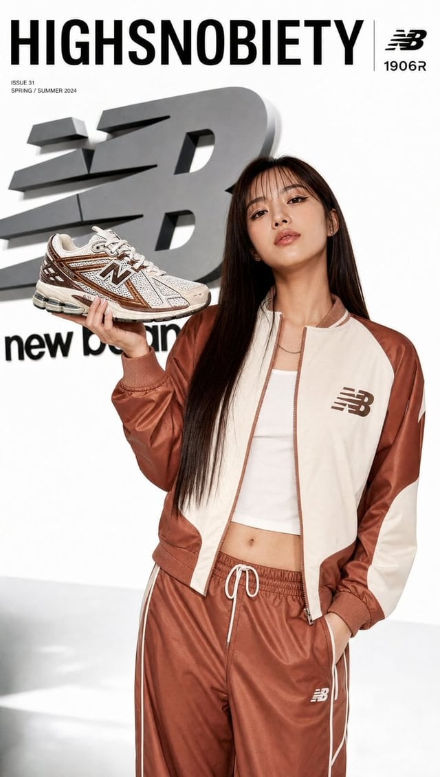 Ultra-realistic streetwear collab magazine cover featuring a stylish Korean woman in a New Balance c