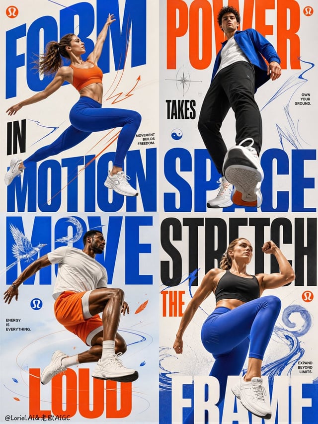 Create the seventh poster in a unified campaign series for Lululemon Athletica, designed as a bold f