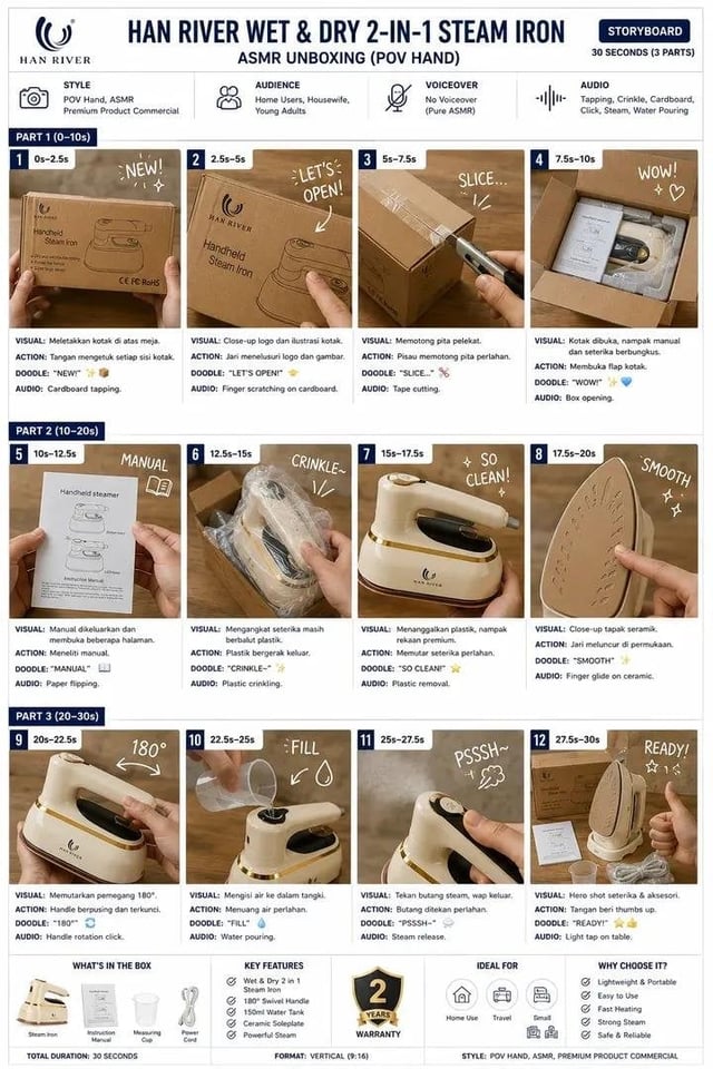 Create a clean, premium storyboard infographic for a product ASMR unboxing video.
