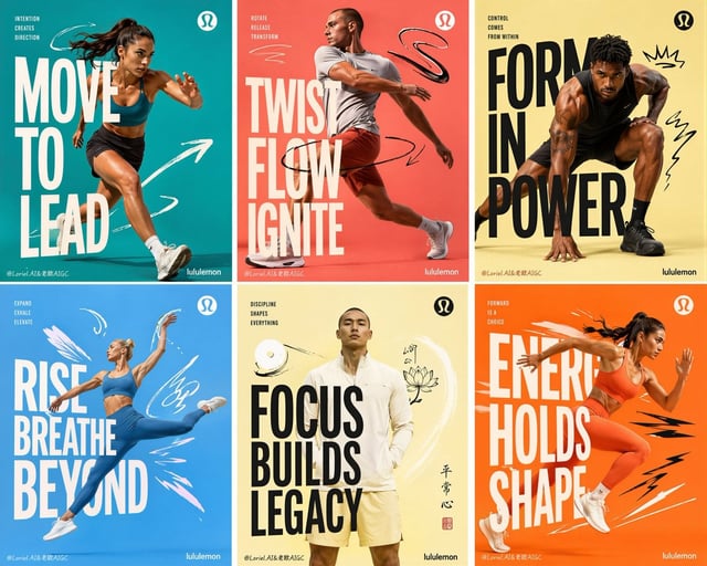 Create the eighth poster in a unified campaign series for Lululemon Athletica, designed as a bold si