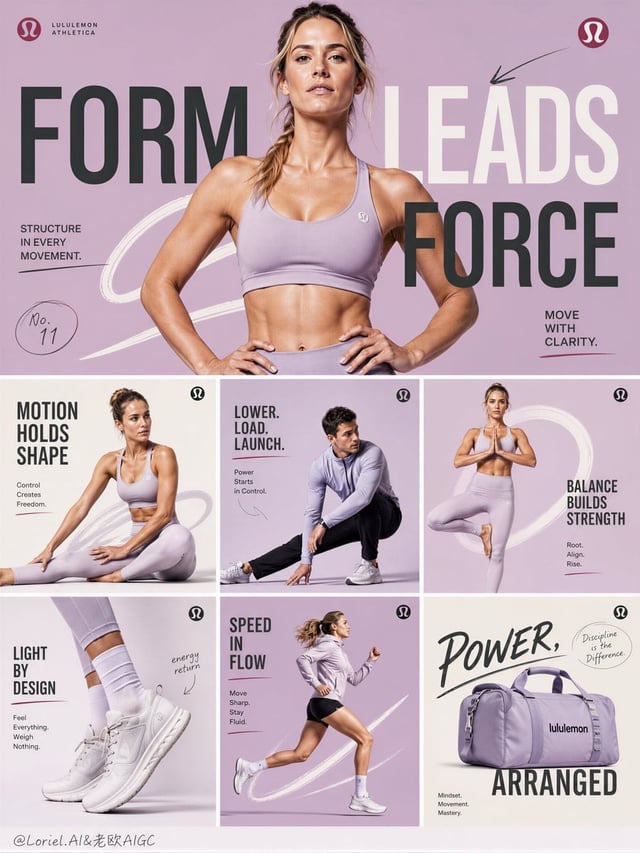 Create the eleventh poster in a unified campaign series for Lululemon Athletica, designed as a struc