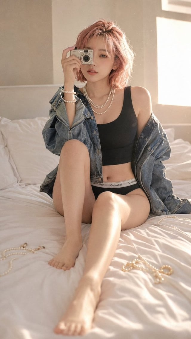 9:16 vertical portrait, photorealistic dreamy lifestyle photography, cozy modern bedroom, sitting on