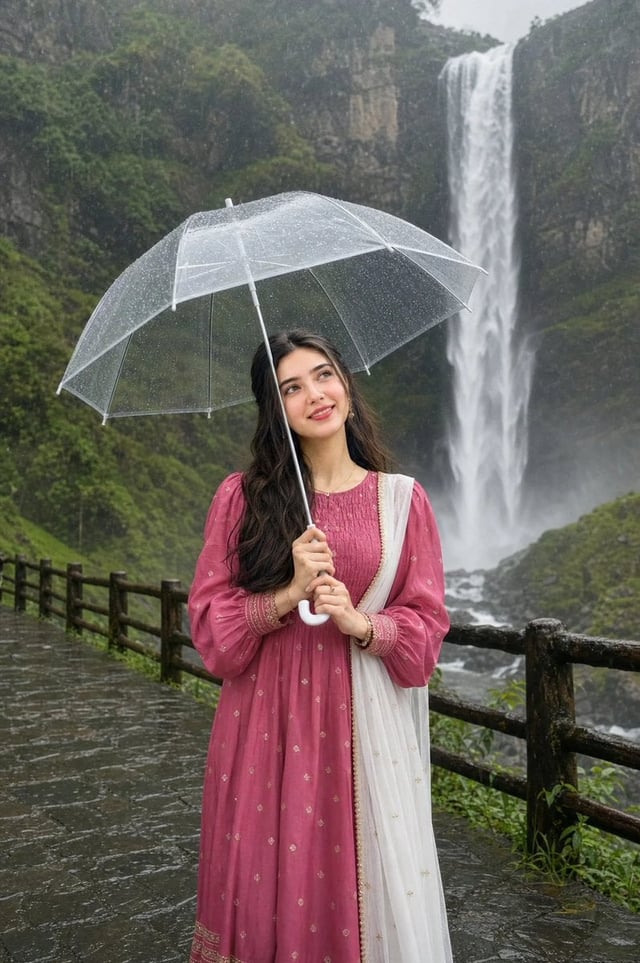 Photorealistic portrait of a beautiful young woman walking on a wet stone path in front of a tall ma