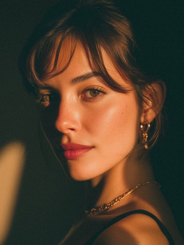 An ultra-realistic cinematic close-up portrait of a beautiful young woman, photographed from a three