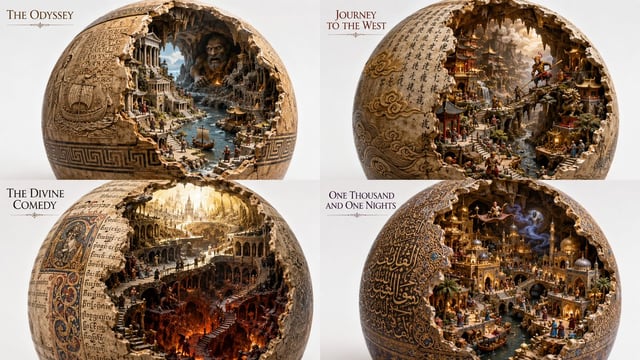 2x2 grid, 16:9, do this for 4 non copyrighted, public space books // Sphere SDF  float sdf_sphere = 