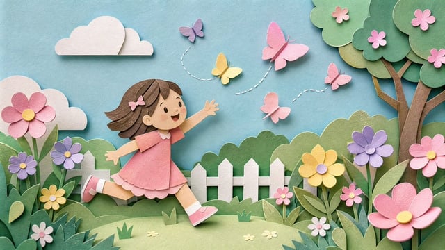 [Subject], layered papercraft illustration, folded paper texture, 