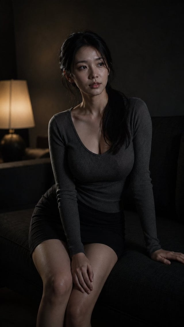 9:16 竖版，一张写实低调电影感女性人像摄影作品。画面主体是一位明确成年的年轻东方女性，视觉年龄约24–28岁，独自坐在深色黑灰皮质沙发的边缘位置。她的身体轻微前倾并向一侧转动，腰部自然收束，一条腿