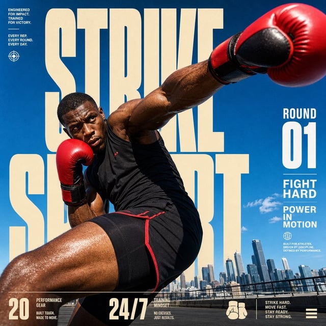 Create a 4:5 full-bleed editorial action poster for STRIKE SPORT. The brand’s visual identity follow