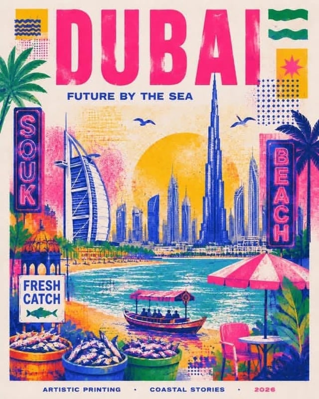 Create a stylish modern travel poster inspired by risography about [City Name]. Use simplified illus