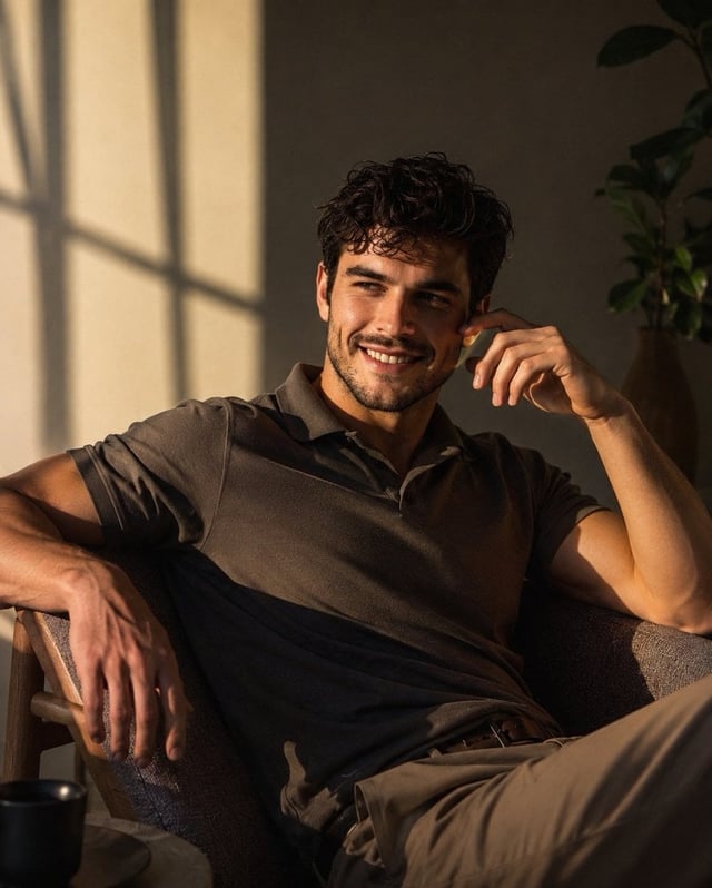 Prompt 1: Ultra-realistic lifestyle portrait of a handsome young man with thick, naturally wavy dark