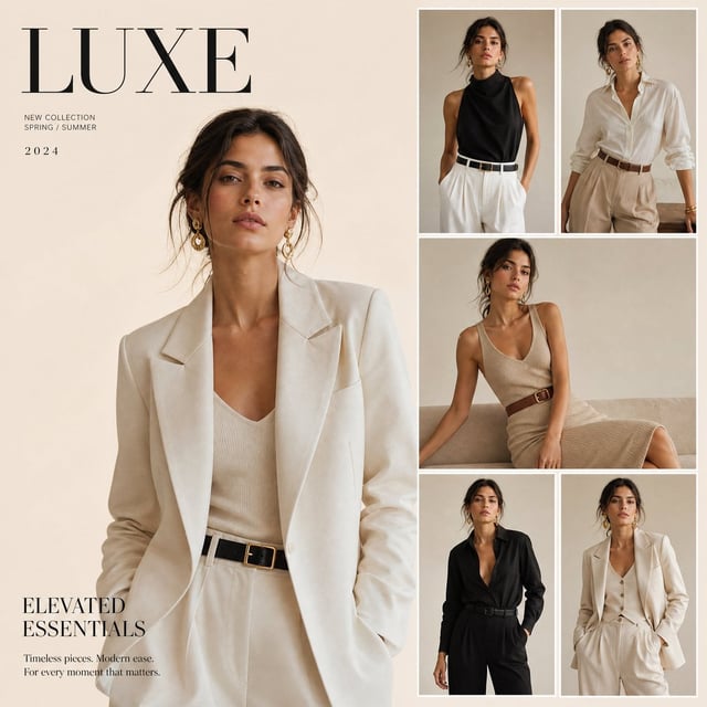 Luxury fashion editorial moodboard, one large hero portrait occupying 60% of the canvas, surrounded 