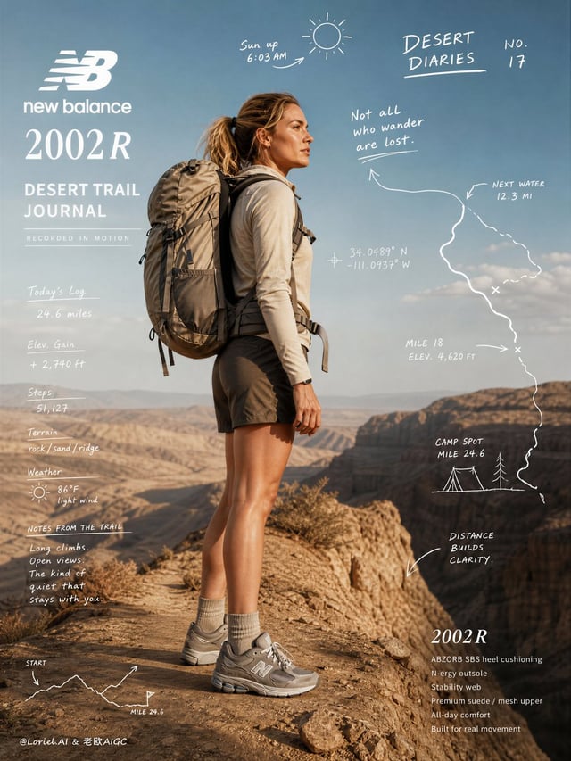 Create an ultra-premium editorial campaign poster for New Balance 2002R in a “Desert Trail Journal” 