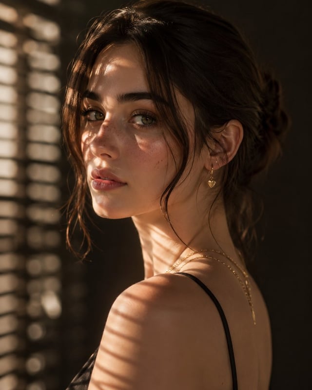 A hyper-realistic fashion portrait of a striking young woman captured in a close-up shoulder-up comp