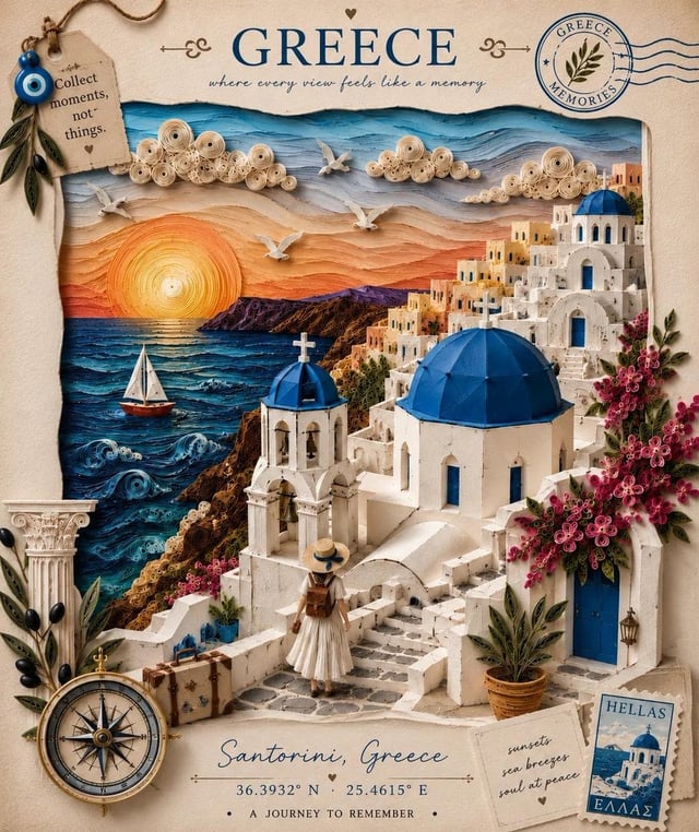 Create an elegant handcrafted 3D paper quilling and layered papercraft travel poster of [Location] i