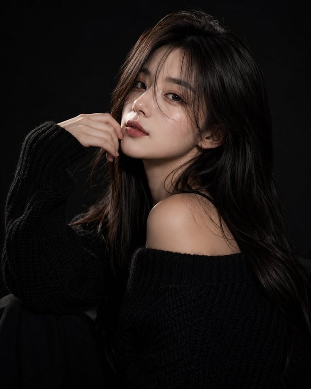 Ultra-realistic fashion beauty portrait of a stylish young woman with long silky dark-brown hair and